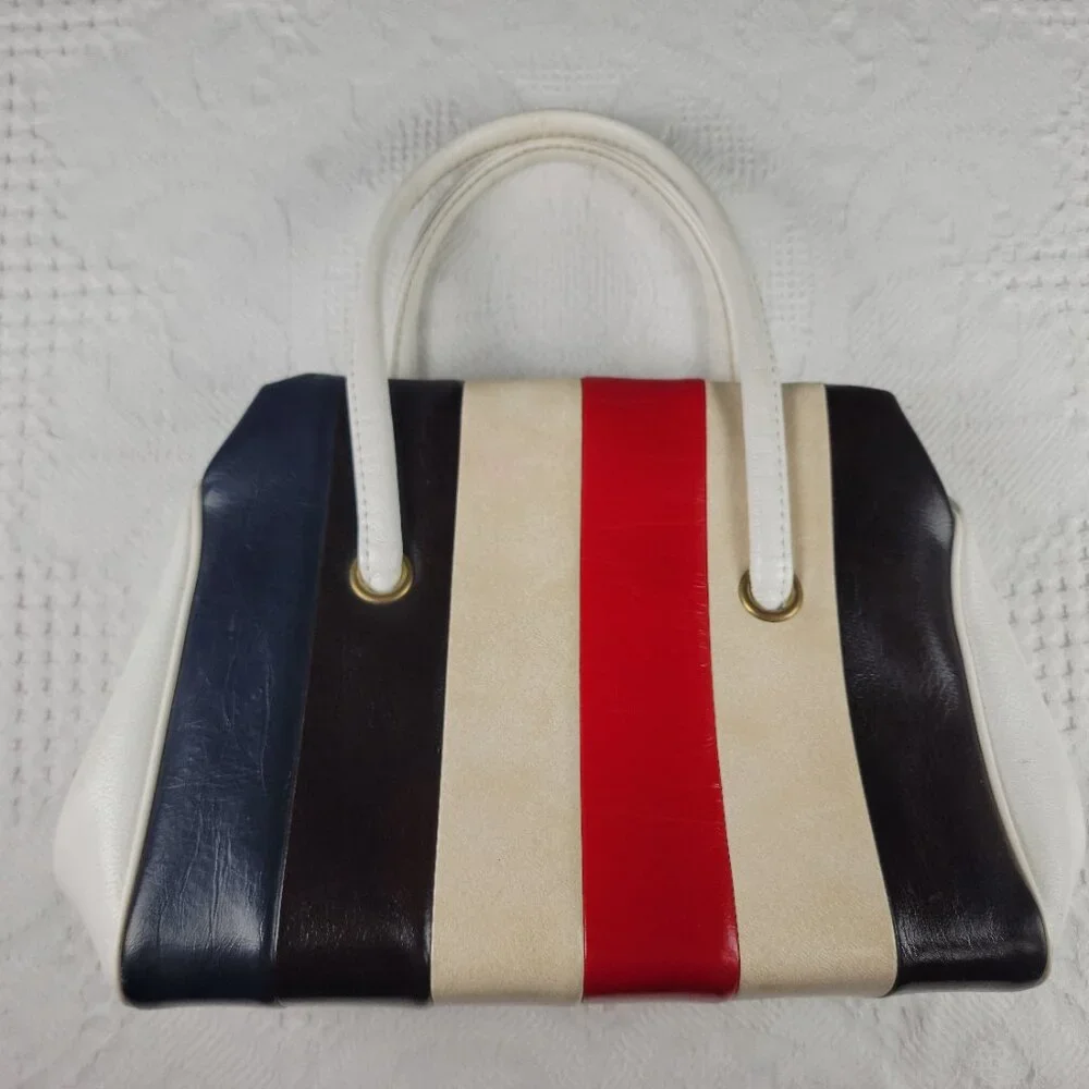 Vintage purse frame bag MCM classic white blue black cream red wide retro stripe - Picture 5 of 12
